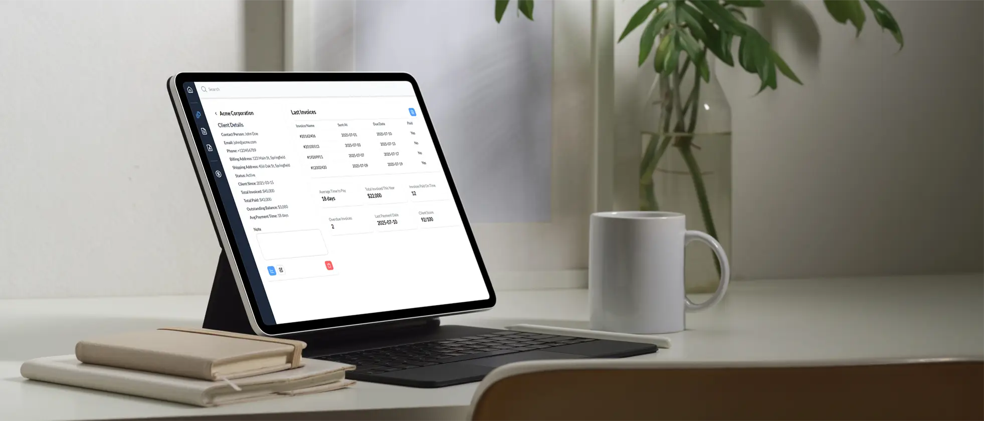 Client details UI of the Invoice Flow application shown on a laptop