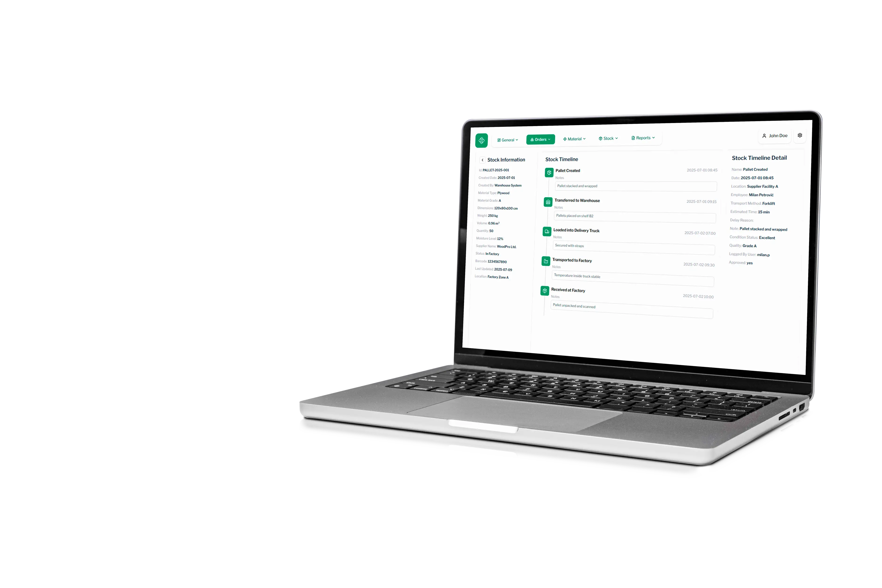 Stock Management dashboard showing timeline and stock insights on a laptop mockup