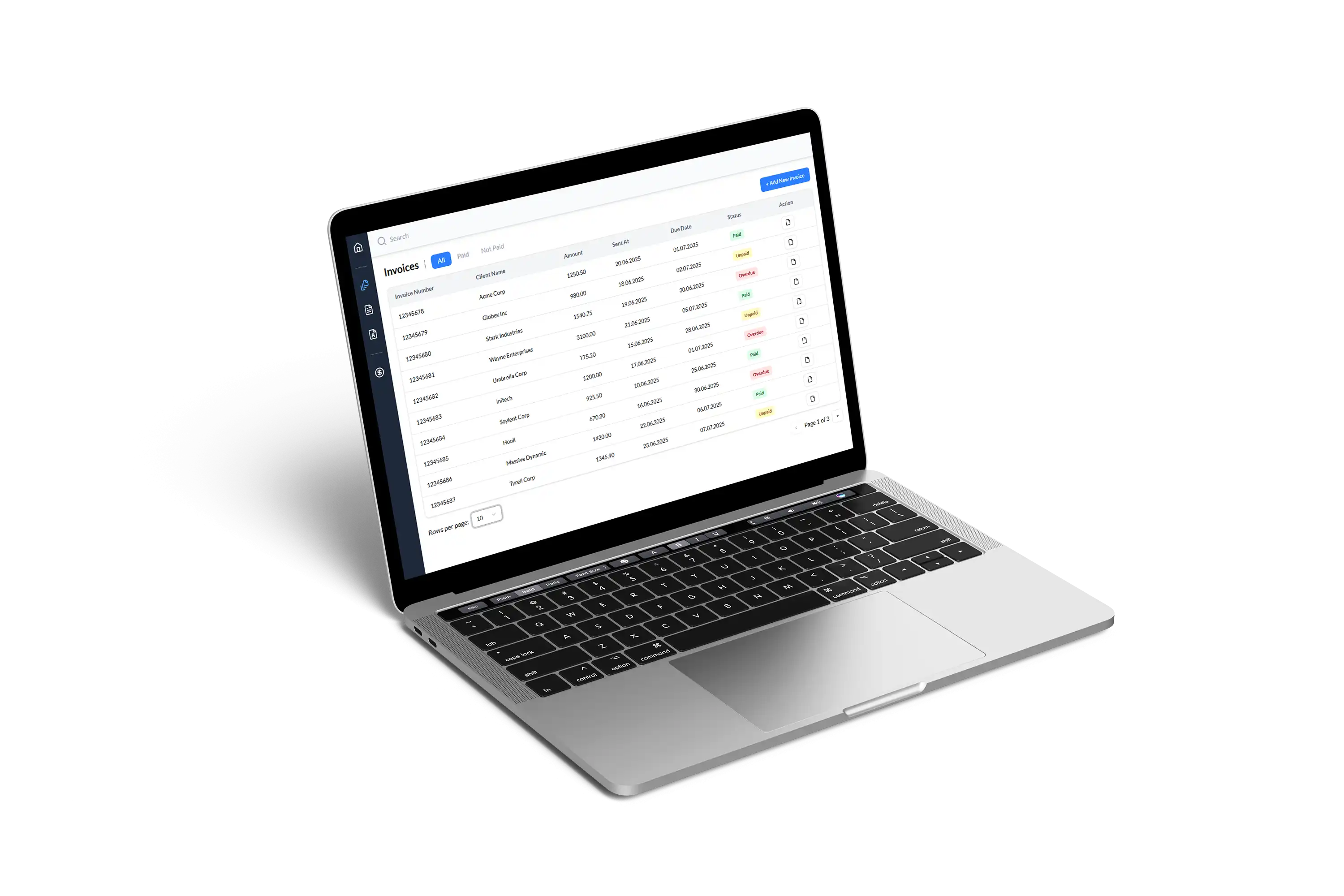 Invoice Flow web app with latest invoice table shown on a laptop mockup