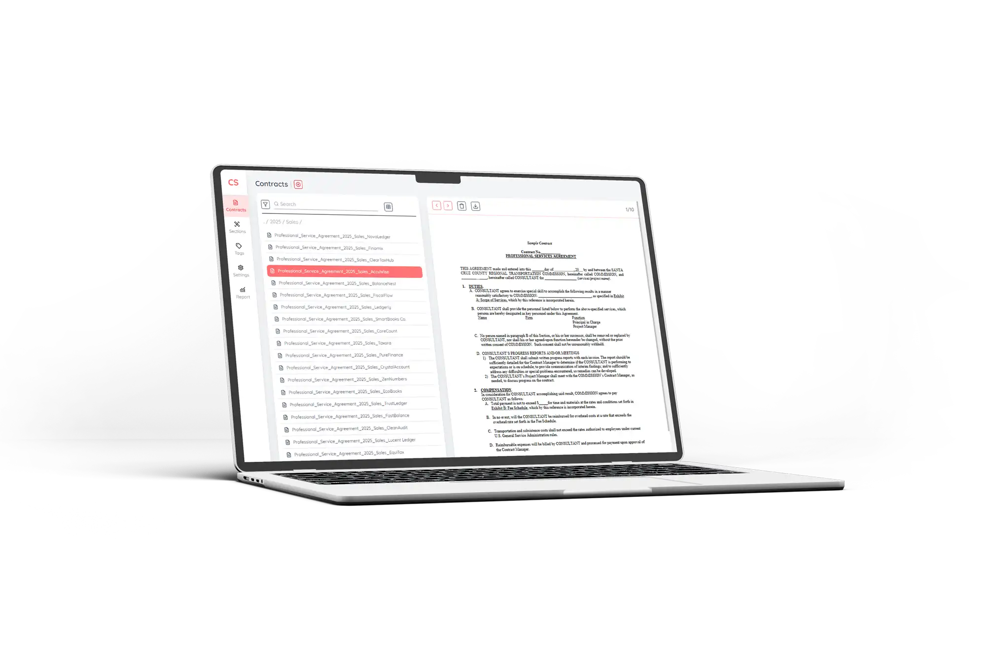 User-friendly contract management interface showing contract details on a laptop screen